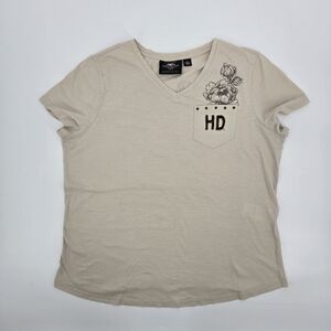 Beige V-Neck Harley Davidson Biker T-Shirt with Floral Pocket Design SZ:XL